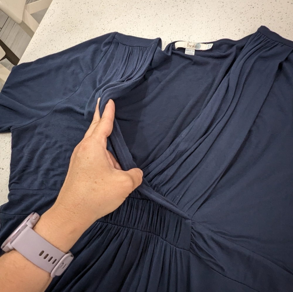 Boden Navy Blue Draped Jersey Midi Dress 3/4 Bell Sleeve Faux Wrap Stretch 16R - Picture 8 of 11